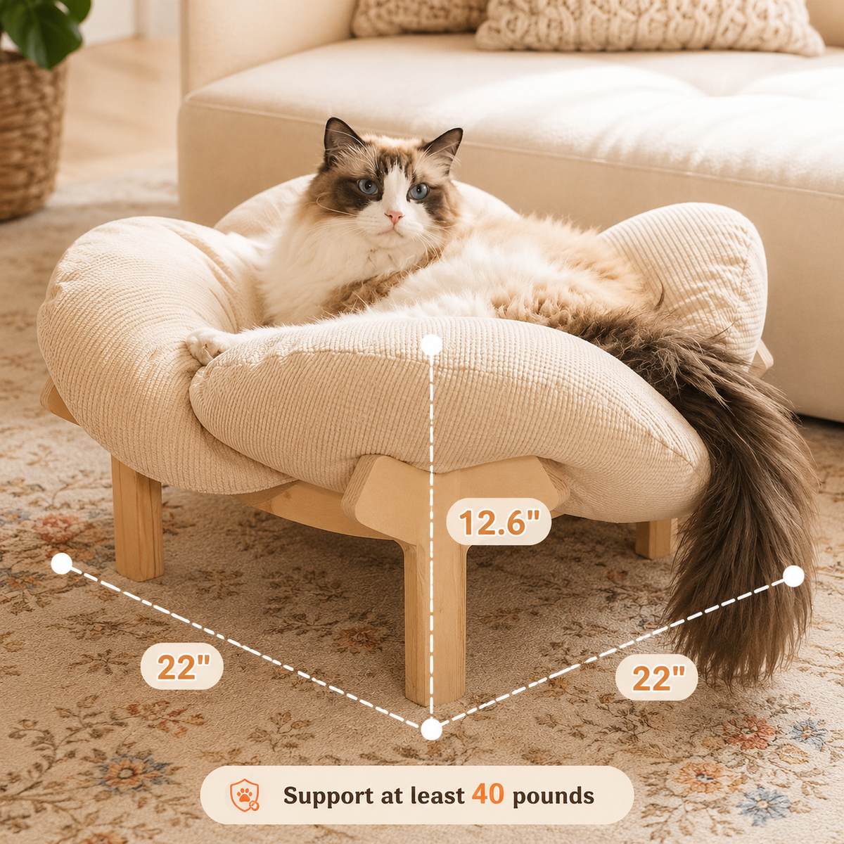Elevated Plush Cat Bed with Wooden Legs