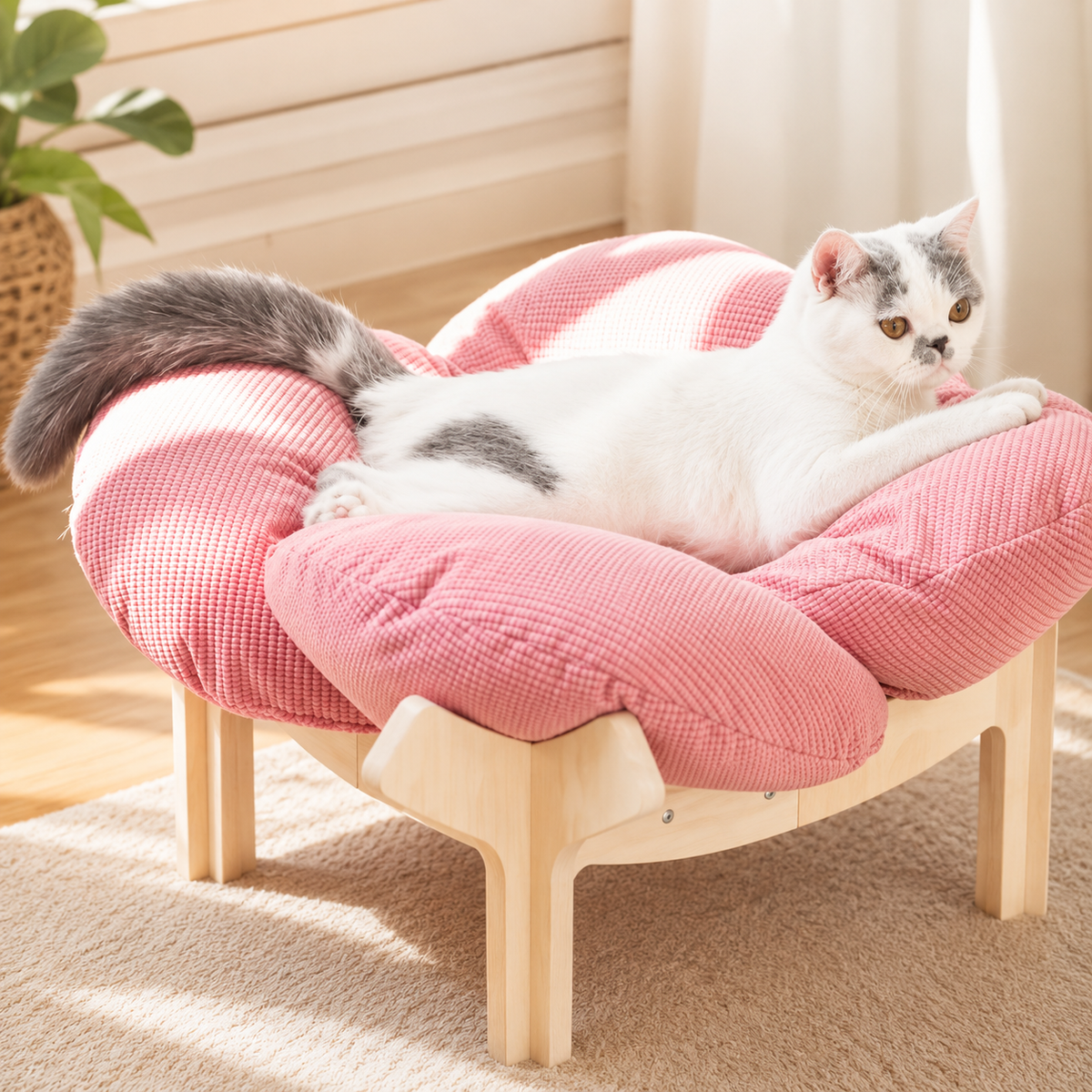 Elevated Plush Cat Bed with Wooden Legs