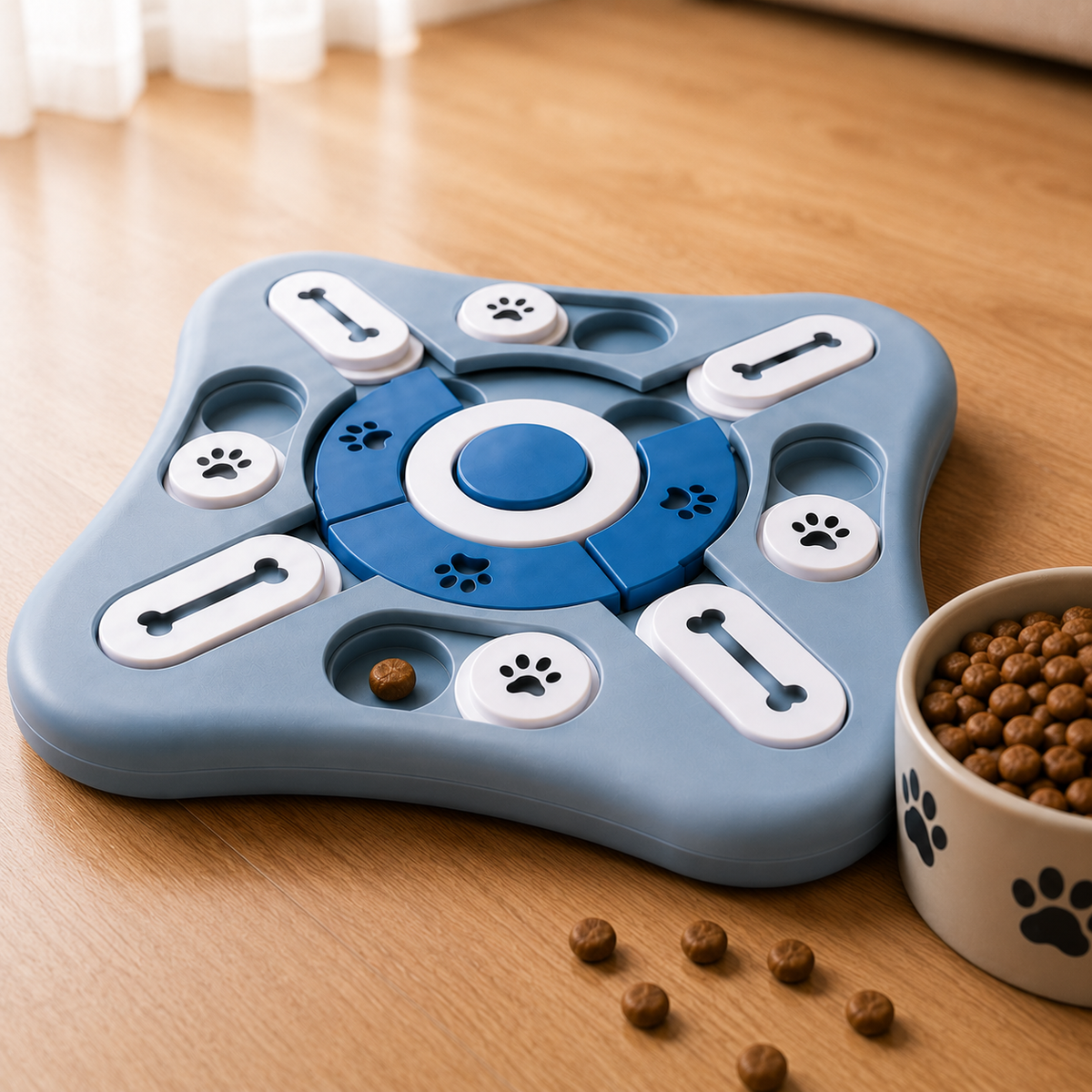 Interactive puzzle slow feeder dog bowl with sliding compartments for treats and kibble to encourage slower eating and mental enrichment.