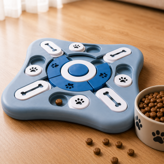 Interactive puzzle slow feeder dog bowl with sliding compartments for treats and kibble to encourage slower eating and mental enrichment.