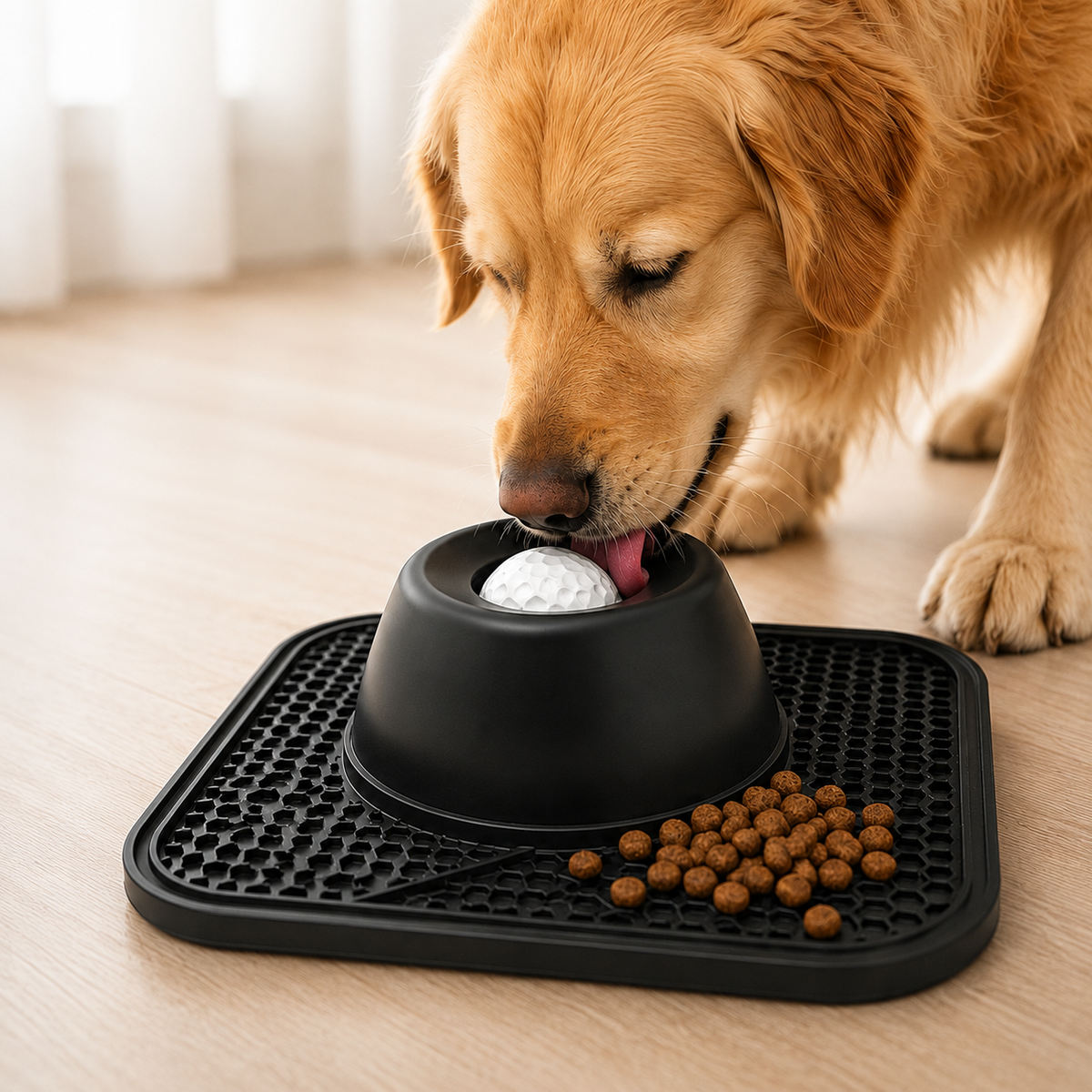 Silicone slow feeder lick bowl with textured surface for dogs to enjoy peanut butter, yogurt, wet food, and soft treats.