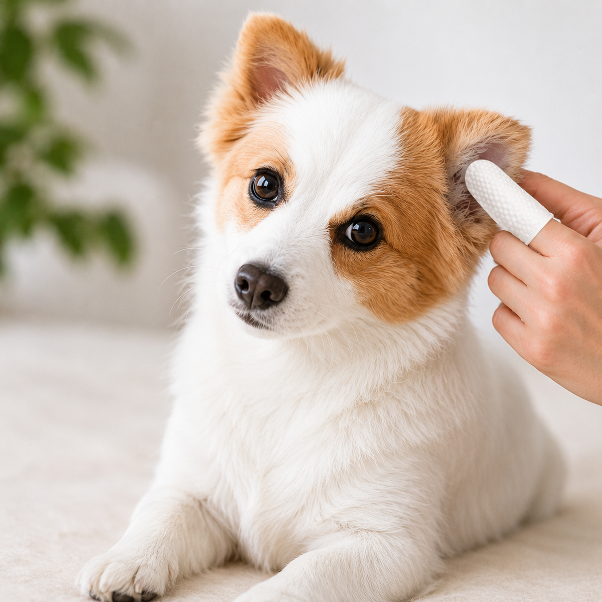 Pet ear cleaning fingertip wipes gently removing dirt and wax from a dog's ear during routine grooming.