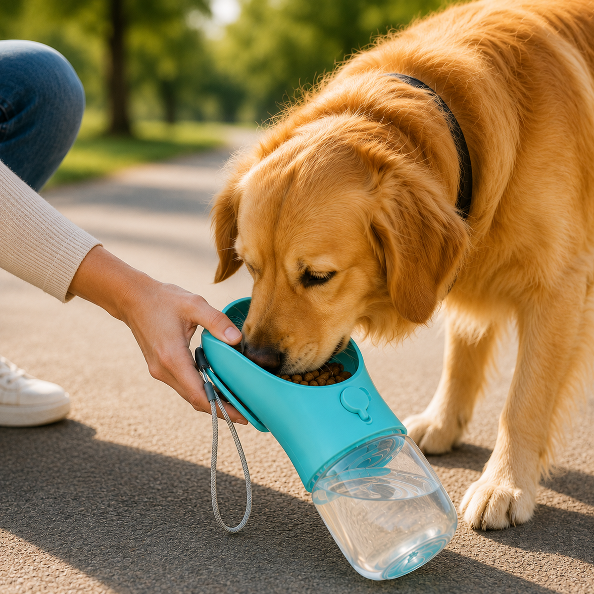 Portable pet travel bottle with separate food and water compartments and a built-in feeding bowl for dogs and cats.
