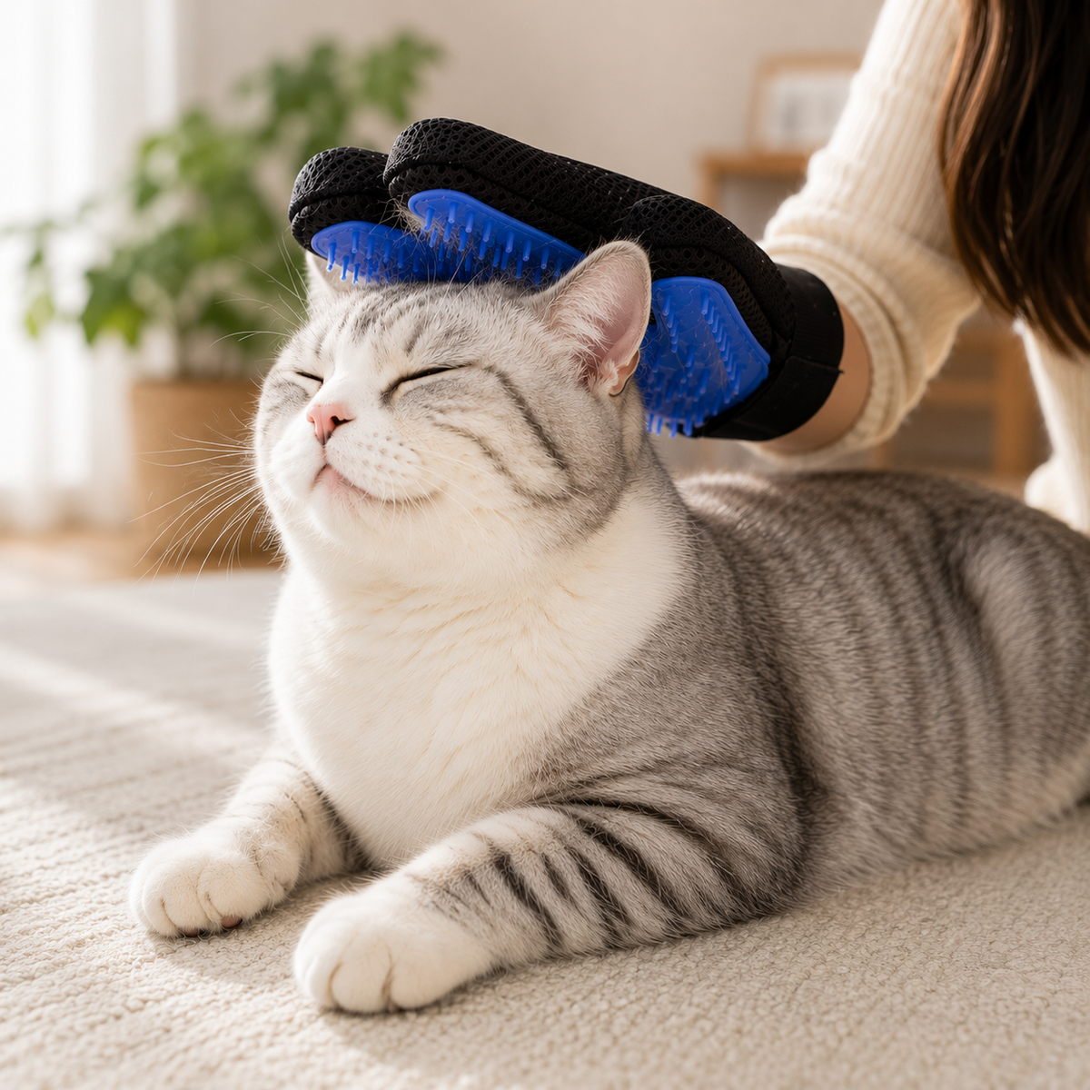Silicone pet grooming gloves removing loose fur from a dog while providing a gentle massage during grooming.