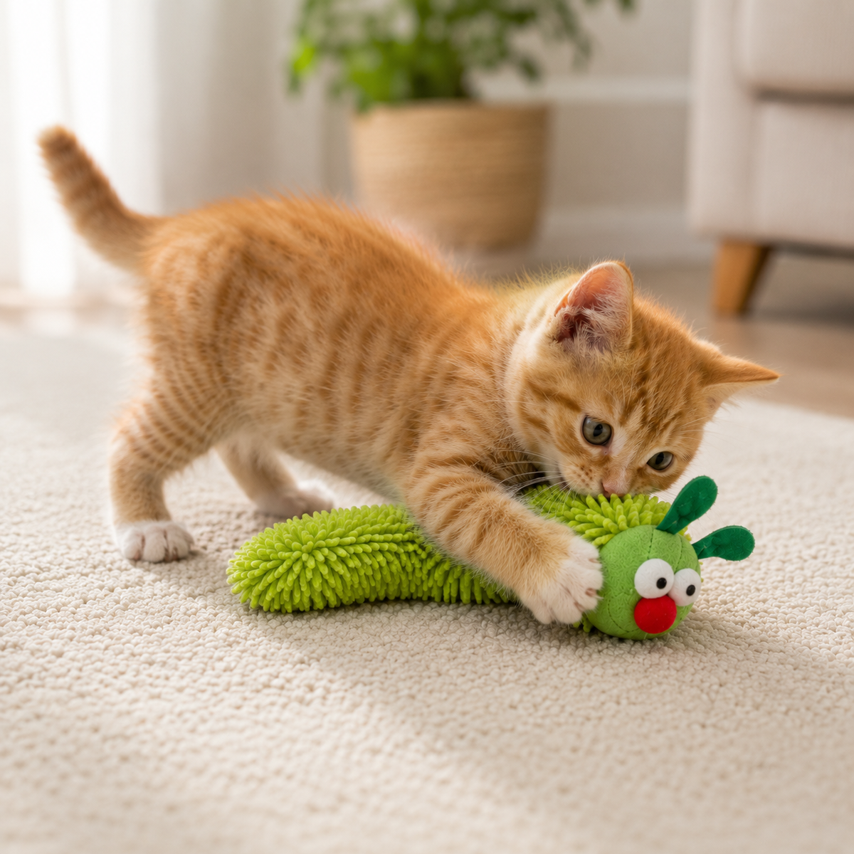 Caterpillar-shaped silvervine and catnip cat chew toy designed for interactive play and healthy dental stimulation.