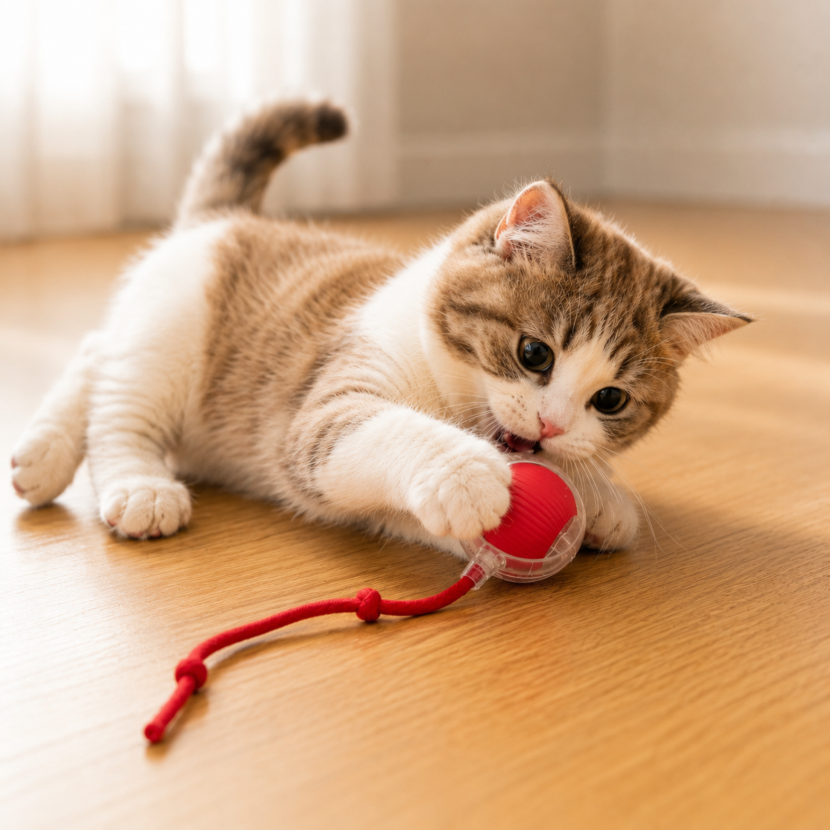 Rechargeable automatic rolling cat ball with a faux mouse tail designed to encourage chasing, pouncing, and interactive play.