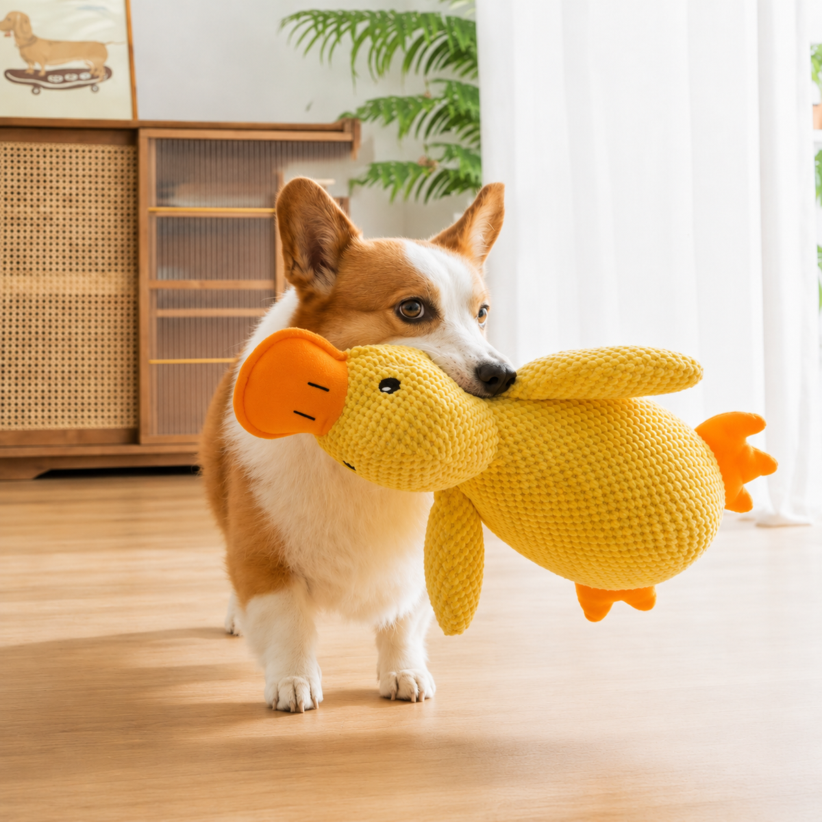 Small puppy cuddling a soft yellow duck plush dog toy designed for comfort, companionship, and gentle play.