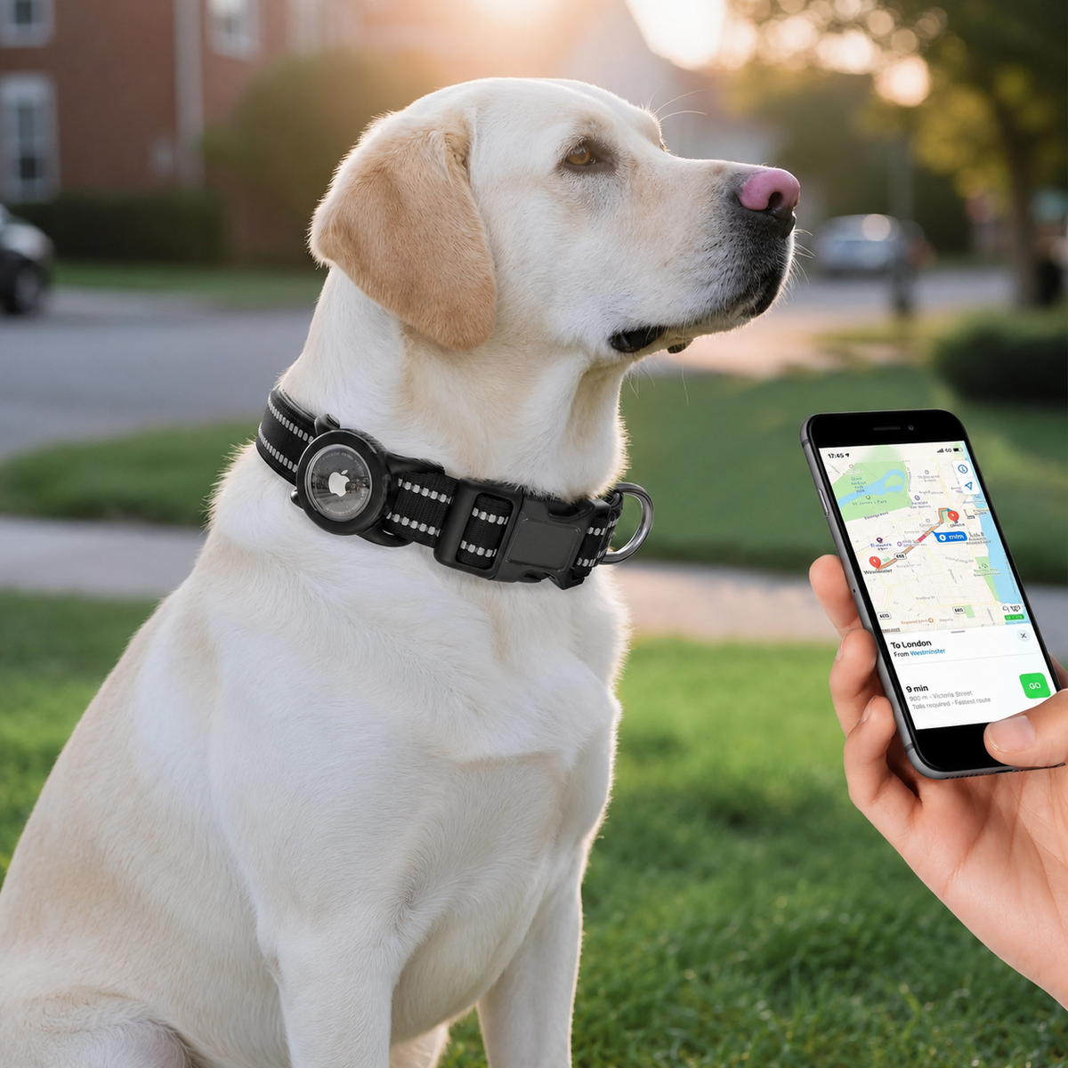 Reflective waterproof dog collar with an integrated Apple AirTag holder and padded adjustable design for everyday walks.