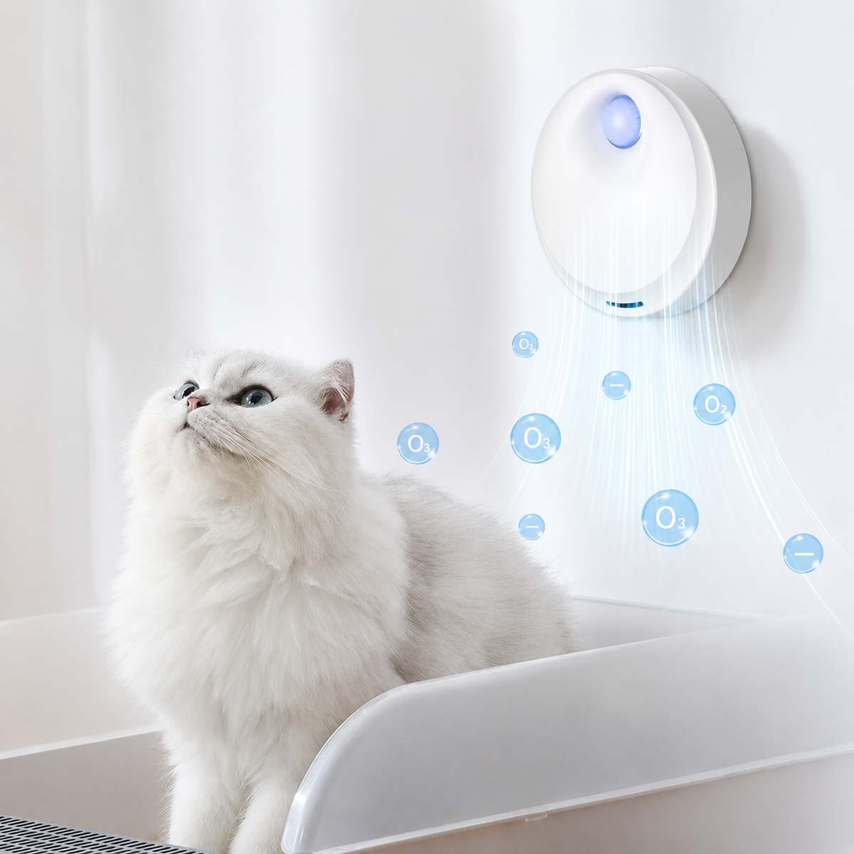 Rechargeable smart cat litter box deodorizer installed inside a litter box to reduce odors and improve air quality.