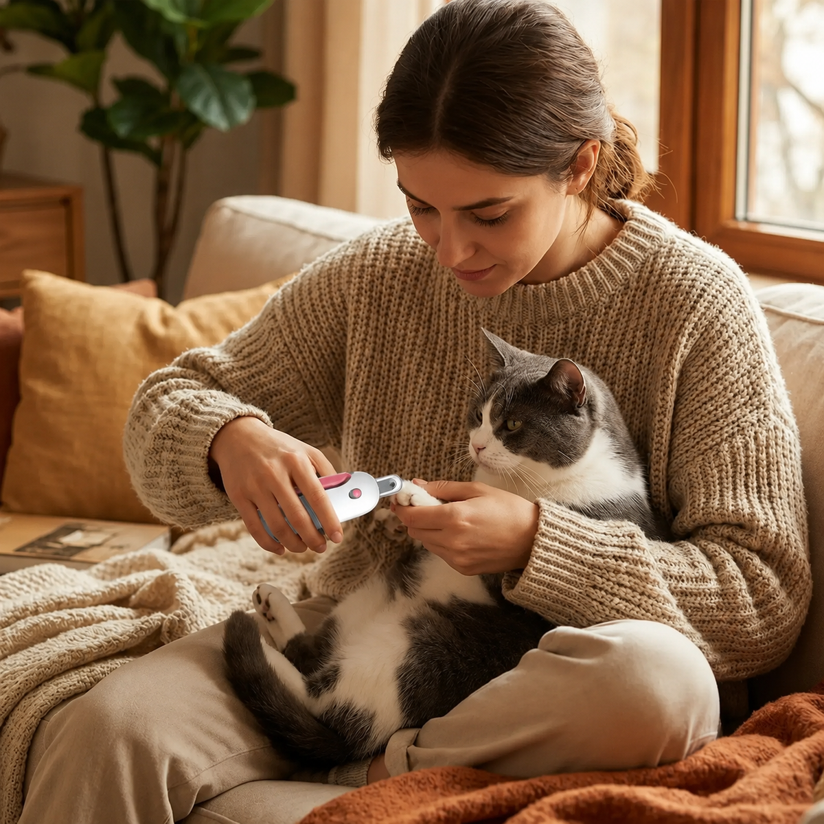 Stainless steel cat nail clippers with an adjustable safety guard for safe and precise grooming at home.