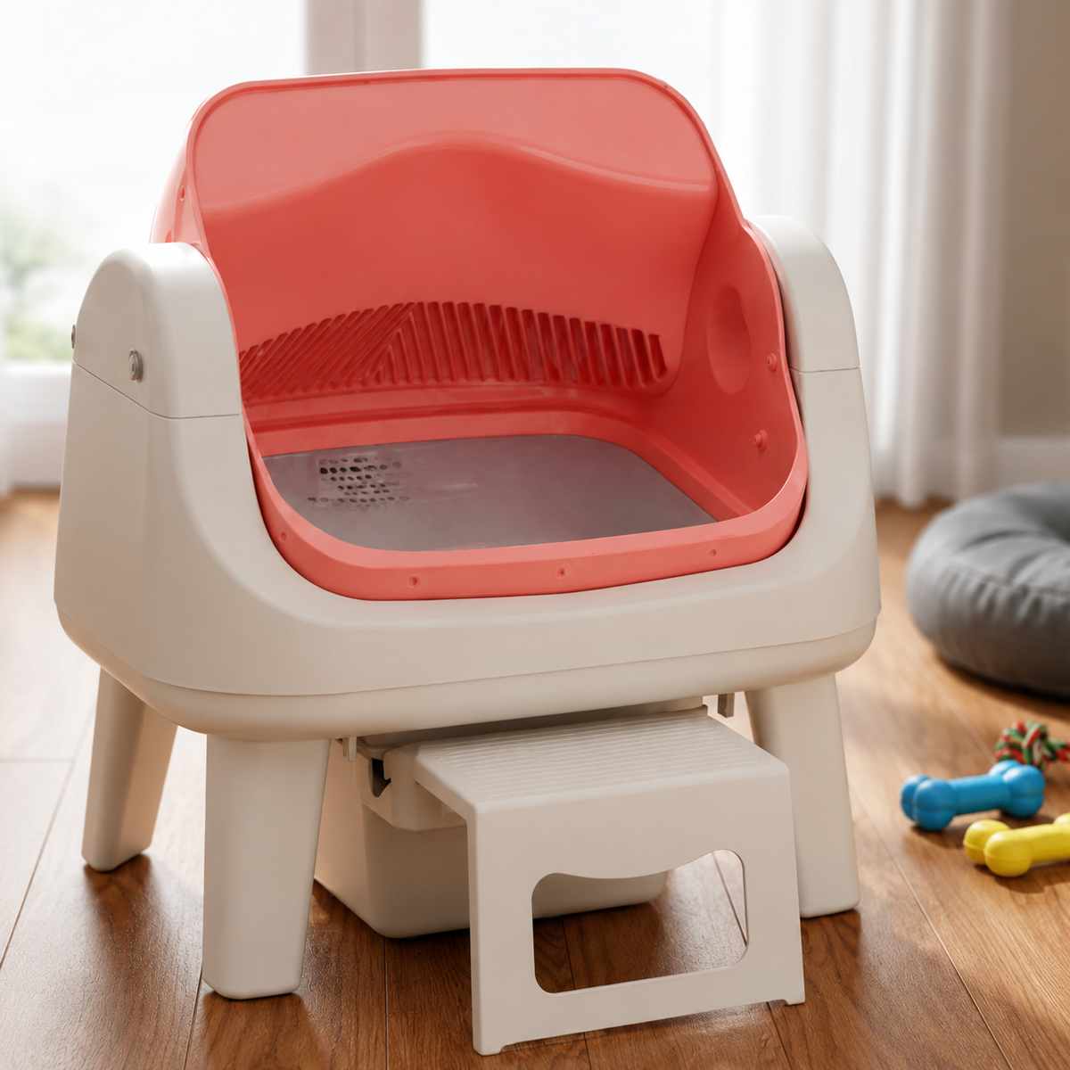 Modern self-cleaning automatic cat litter box with enclosed design and large waste compartment for indoor cats