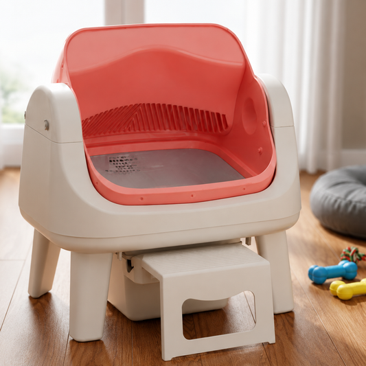 Modern self-cleaning automatic cat litter box with enclosed design and large waste compartment for indoor cats