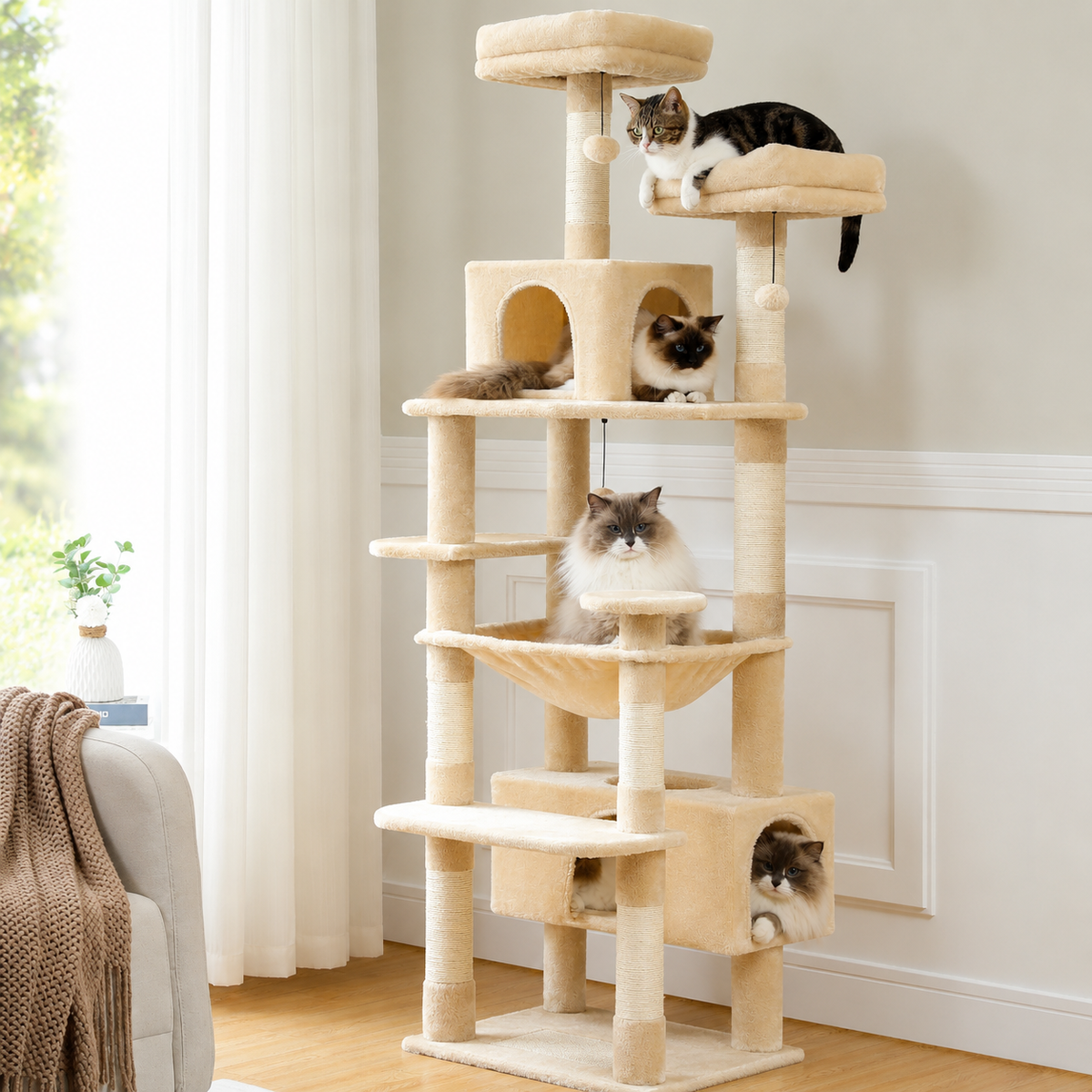 Multi-level cat tree tower with scratching posts, hammock, enclosed cat condo, top perch, and hanging toys for indoor cats.