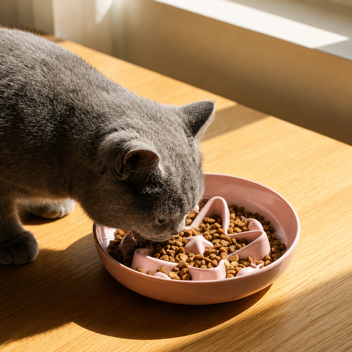Star-shaped slow feeder cat bowl with raised fish design to encourage slower eating and reduce choking in indoor cats.