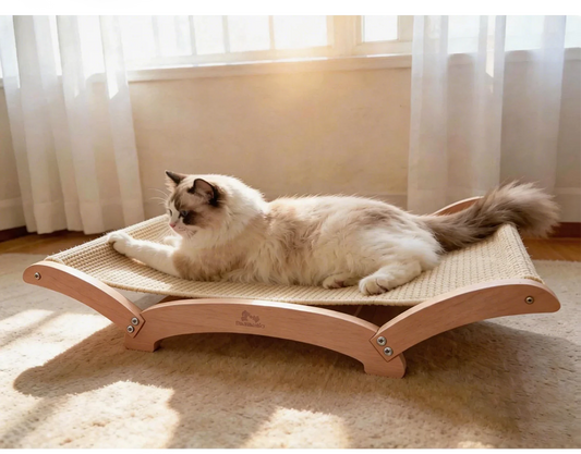Orange tabby cat relaxing on the Petivo Cozy Cat Scratcher Hammock with a durable natural sisal scratching surface for indoor cats.