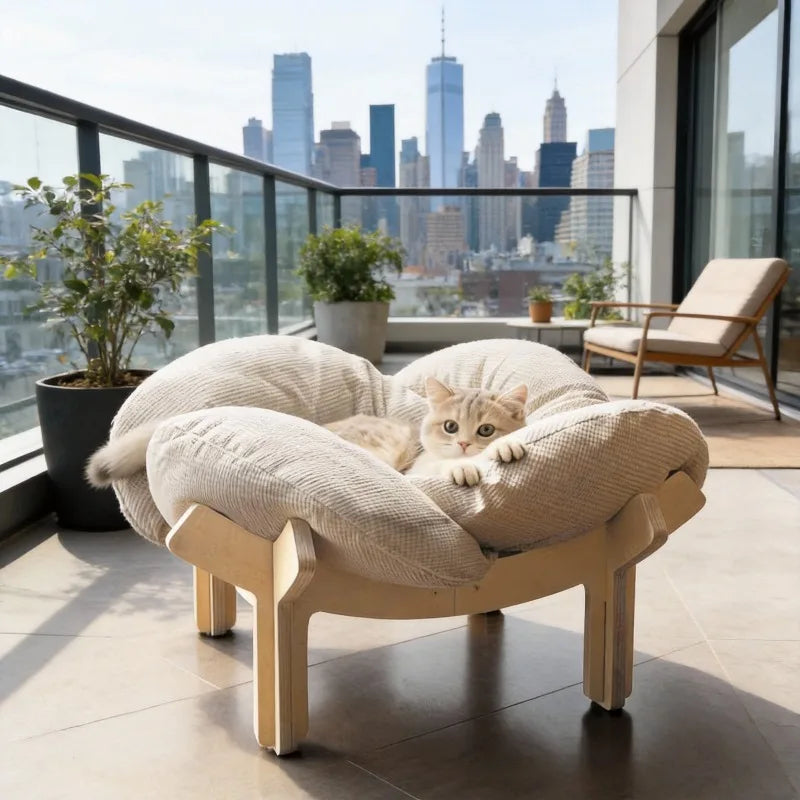 Elevated Plush Cat Bed with Wooden Legs