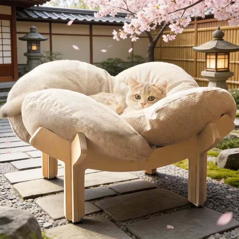 Elevated Plush Cat Bed with Wooden Legs